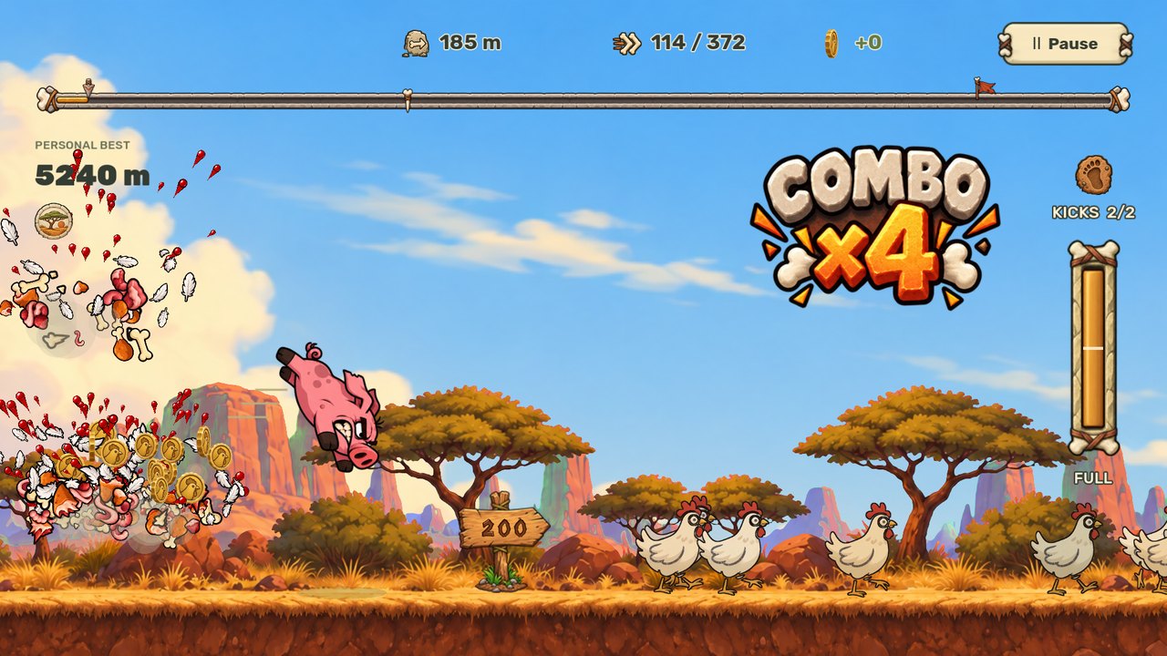 A pig flying over the savanna past a flock of chickens, with a combo counter reading six