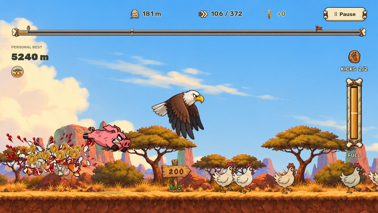 An eagle carrying the pig forward over the savanna