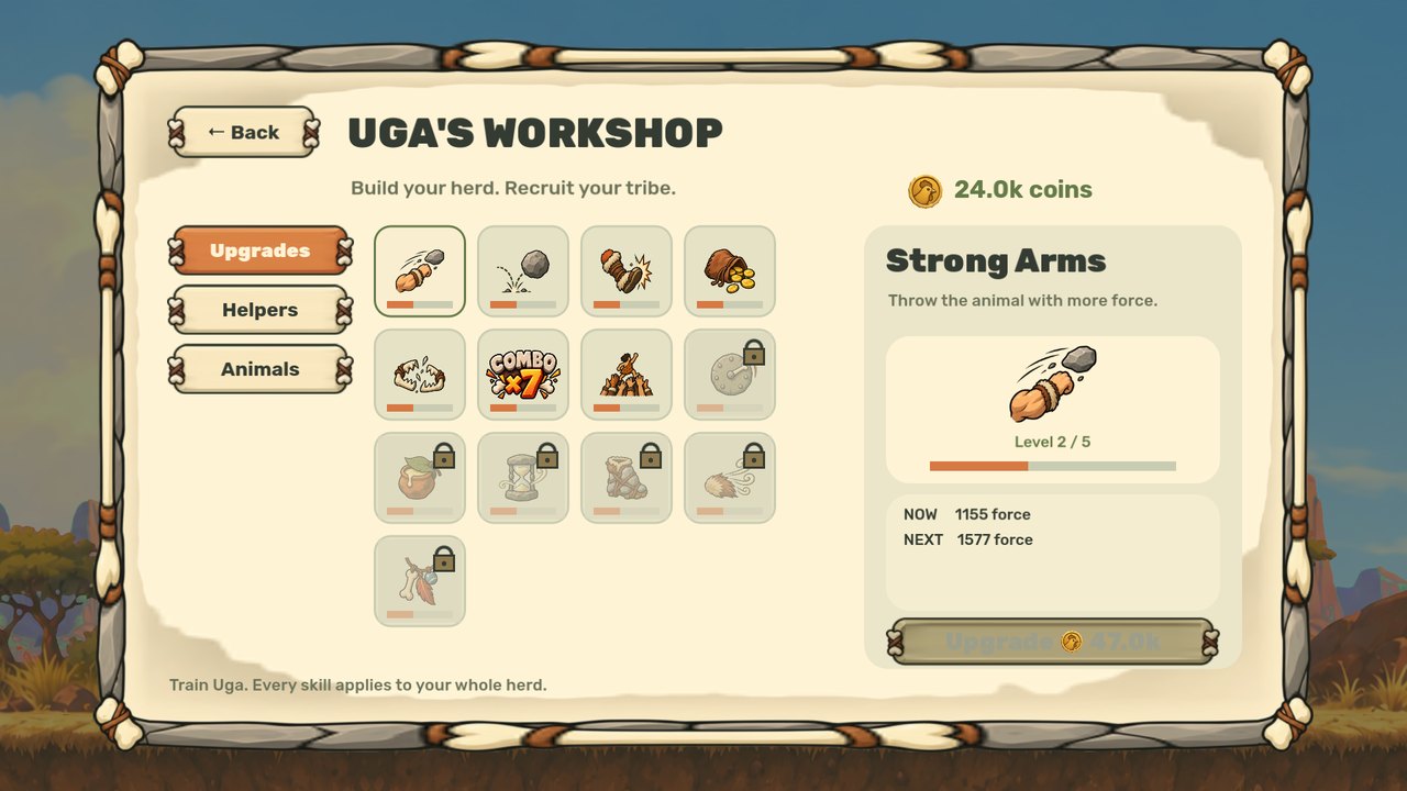 Uga's workshop, showing the grid of skills and the upgrade panel